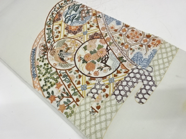 アンティーク　相良刺繍松竹梅に花鳥・古典柄模様袋帯（材料）